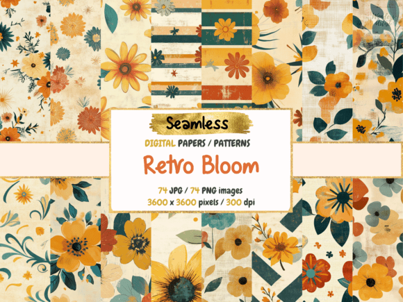 Download Retro Bloom Seamless Digital Papers - Retro Collection